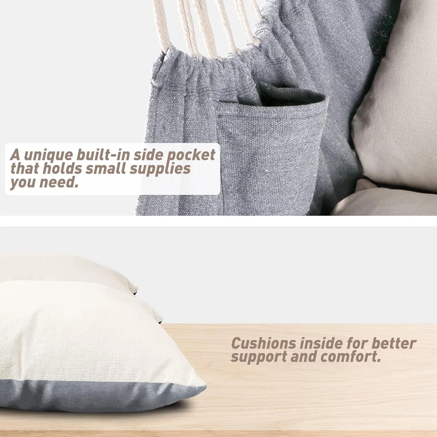 Chihee Hammock Chair Hanging Swing 2 Pillows Included,Strong Webbing Straps and Hooks for Easy Hanging Soft Cotton Hanging Chair Side Pocket Tassel Chair Comfort Indoor Outdoor Light Grey