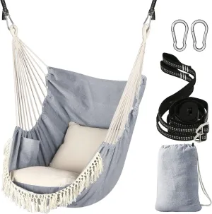 Chihee Hammock Chair Hanging Swing 2 Pillows Included,Strong Webbing Straps and Hooks for Easy Hanging Soft Cotton Hanging Chair Side Pocket Tassel Chair Comfort Indoor Outdoor Light Grey