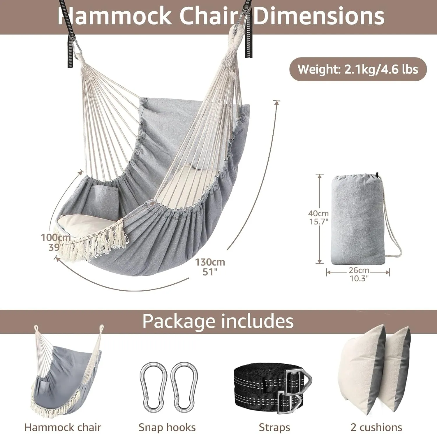 Chihee Hammock Chair Hanging Swing 2 Pillows Included,Strong Webbing Straps and Hooks for Easy Hanging Soft Cotton Hanging Chair Side Pocket Tassel Chair Comfort Indoor Outdoor Light Grey