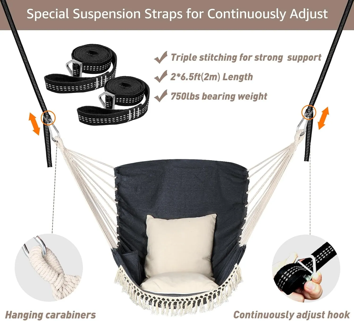 Chihee Hammock Chair Hanging Swing 2 Pillows Included,Strong Webbing Straps and Hooks for Easy Hanging Soft Cotton Hanging Chair Side Pocket Tassel Chair Comfort Indoor Outdoor