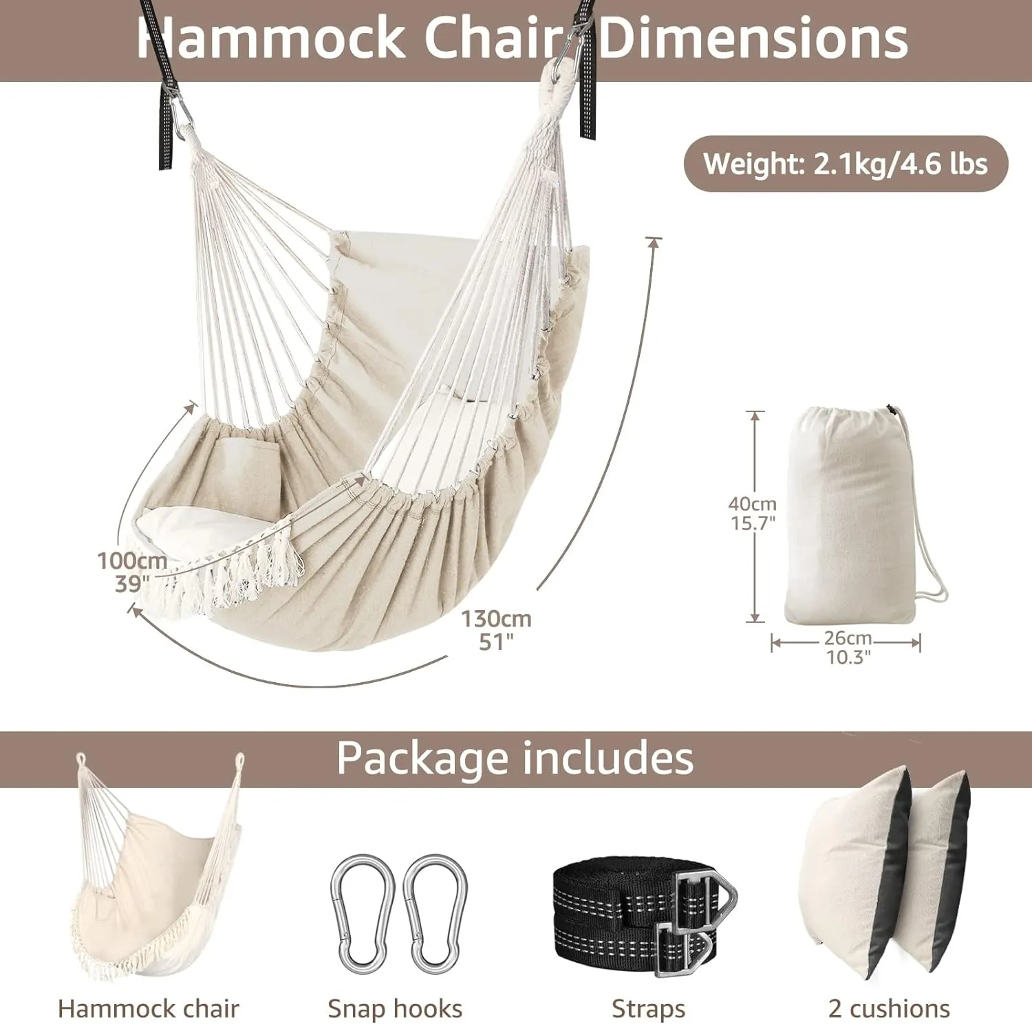 Chihee Hammock Chair Hanging Swing 2 Pillows Included,Strong Webbing Straps and Hooks for Easy Hanging Soft Cotton Hanging Chair Side Pocket Tassel Chair Comfort Indoor Outdoor