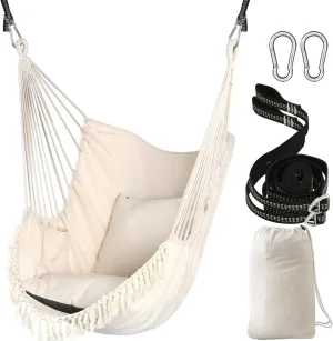 Chihee Hammock Chair Hanging Swing 2 Pillows Included,Strong Webbing Straps and Hooks for Easy Hanging Soft Cotton Hanging Chair Side Pocket Tassel Chair Comfort Indoor Outdoor