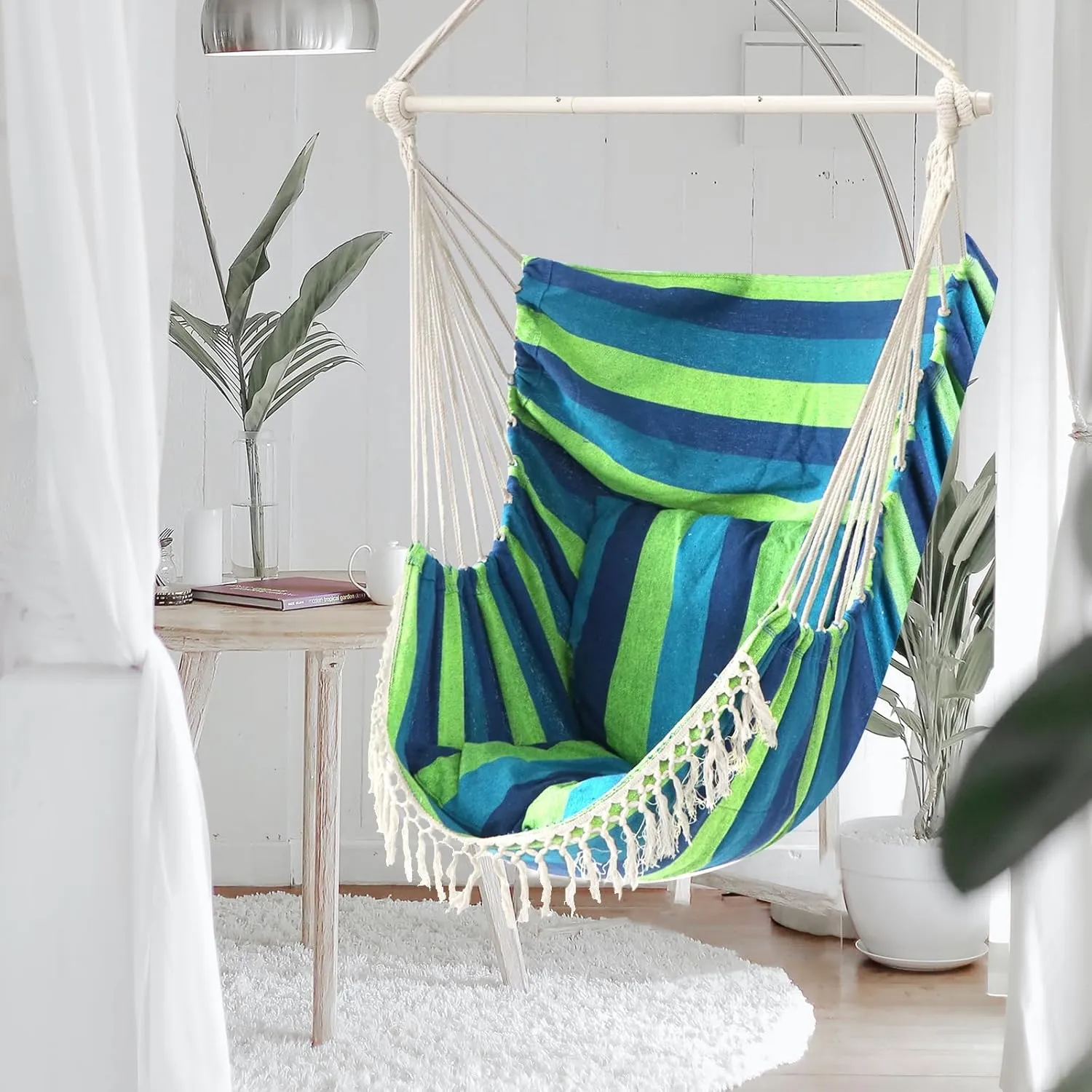 Chihee Hammock Chair Hanging Swing Max 500 Lbs 2 Cushions Included Steel Spreader Bar with Anti-Slip Grooves Portable Hanging Chair Side Pocket Large Macrame Bohemian Chair Indoor Outdoor