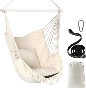 Chihee Hammock Chair Hanging Swing Max 500 Lbs 2 Cushions Included Steel Spreader Bar with Anti-Slip Grooves Portable Hanging Chair Side Pocket Large Macrame Bohemian Chair Indoor Outdoor