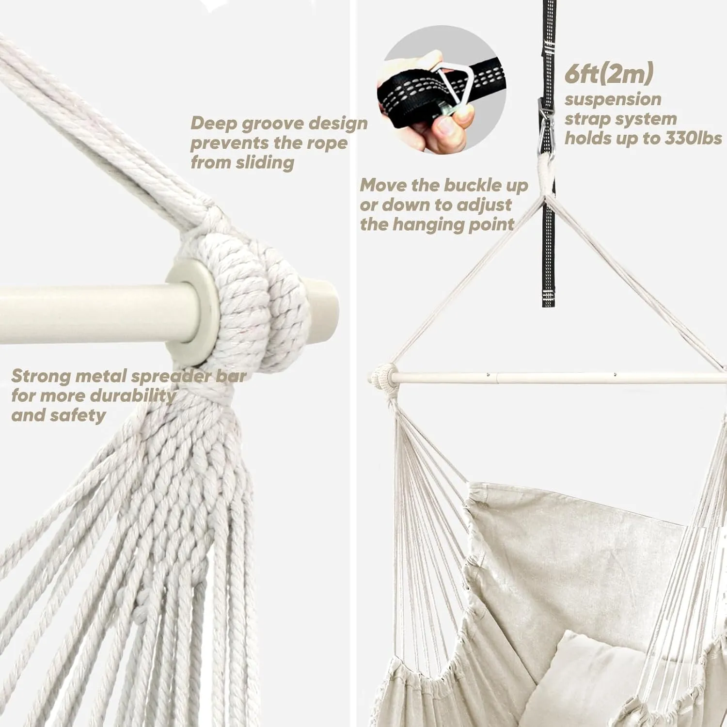 Chihee Hammock Chair Hanging Swing Max 500 Lbs 2 Cushions Included Steel Spreader Bar with Anti-Slip Grooves Portable Hanging Chair Side Pocket Large Macrame Bohemian Chair Indoor Outdoor