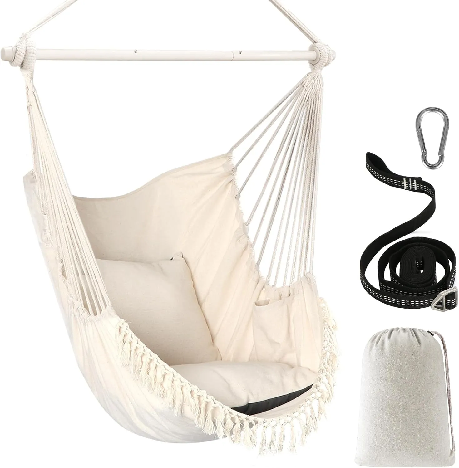 Chihee Hammock Chair Hanging Swing Max 500 Lbs 2 Cushions Included Steel Spreader Bar with Anti-Slip Grooves Portable Hanging Chair Side Pocket Large Macrame Bohemian Chair Indoor Outdoor