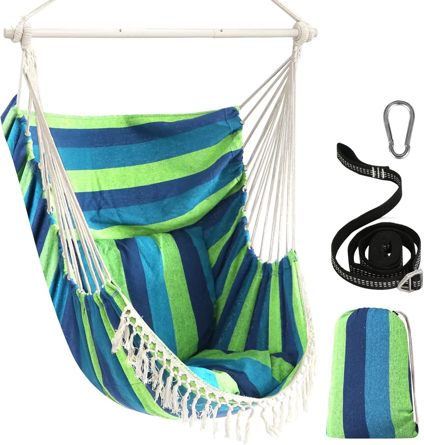 Chihee Hammock Chair Hanging Swing Max 500 Lbs 2 Cushions Included Steel Spreader Bar with Anti-Slip Grooves Portable Hanging Chair Side Pocket Large Macrame Bohemian Chair Indoor Outdoor