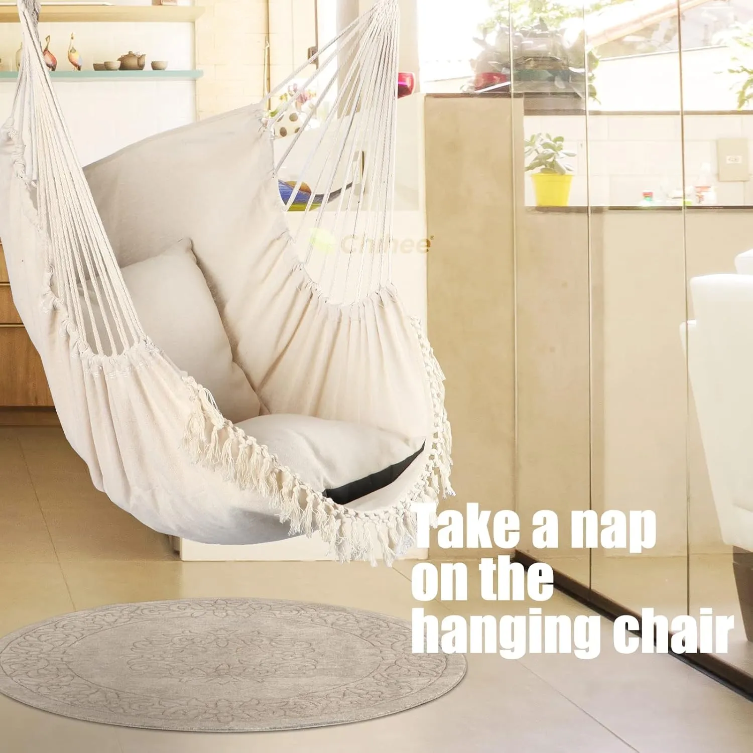 Chihee Hammock Chair Hanging Swing Max 500 Lbs 2 Cushions Included Steel Spreader Bar with Anti-Slip Grooves Portable Hanging Chair Side Pocket Large Macrame Bohemian Chair Indoor Outdoor
