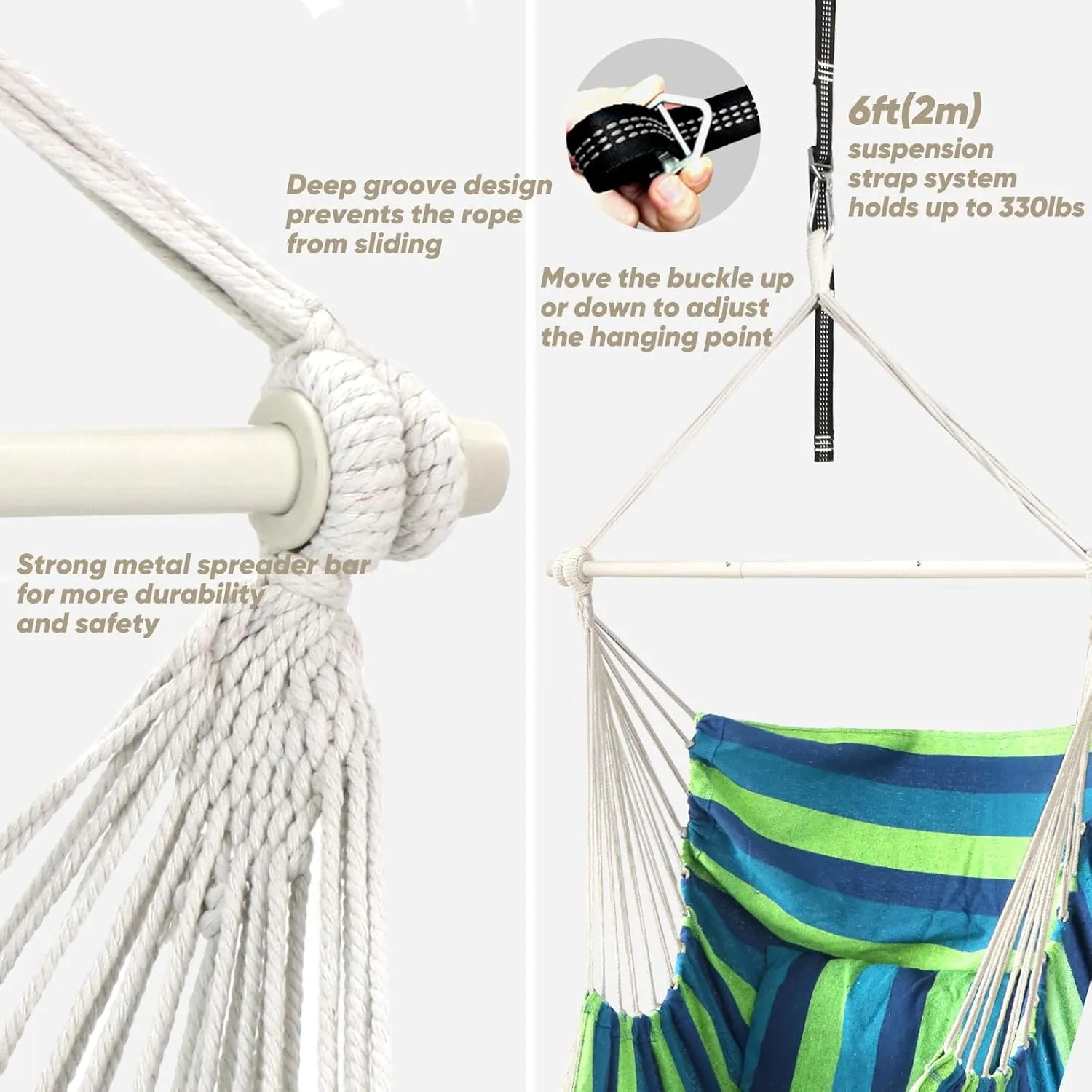 Chihee Hammock Chair Hanging Swing Max 500 Lbs 2 Cushions Included Steel Spreader Bar with Anti-Slip Grooves Portable Hanging Chair Side Pocket Large Macrame Bohemian Chair Indoor Outdoor