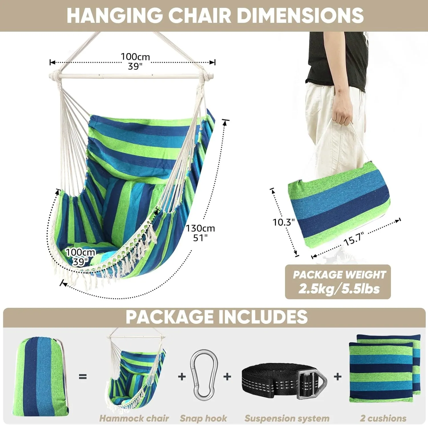 Chihee Hammock Chair Hanging Swing Max 500 Lbs 2 Cushions Included Steel Spreader Bar with Anti-Slip Grooves Portable Hanging Chair Side Pocket Large Macrame Bohemian Chair Indoor Outdoor