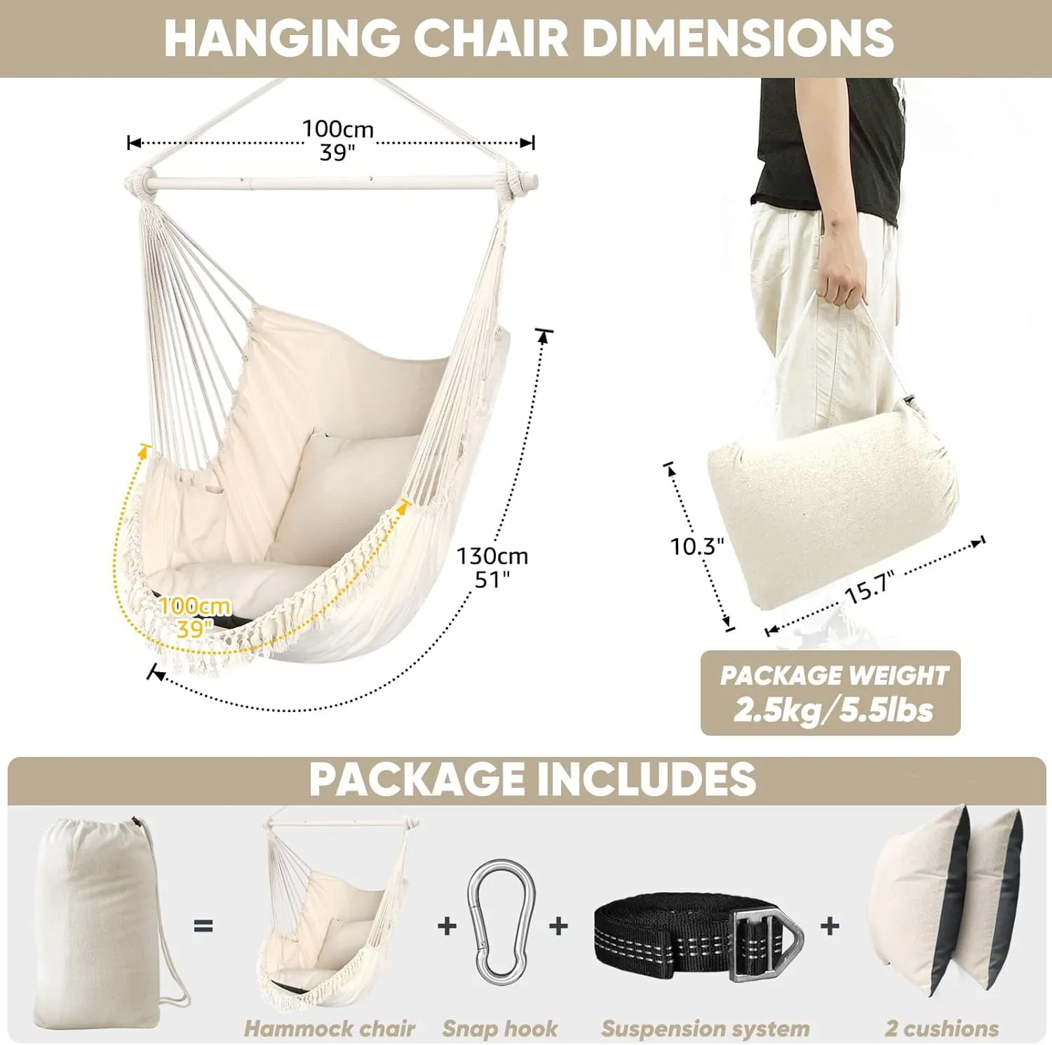 Chihee Hammock Chair Hanging Swing Max 500 Lbs 2 Cushions Included Steel Spreader Bar with Anti-Slip Grooves Portable Hanging Chair Side Pocket Large Macrame Bohemian Chair Indoor Outdoor