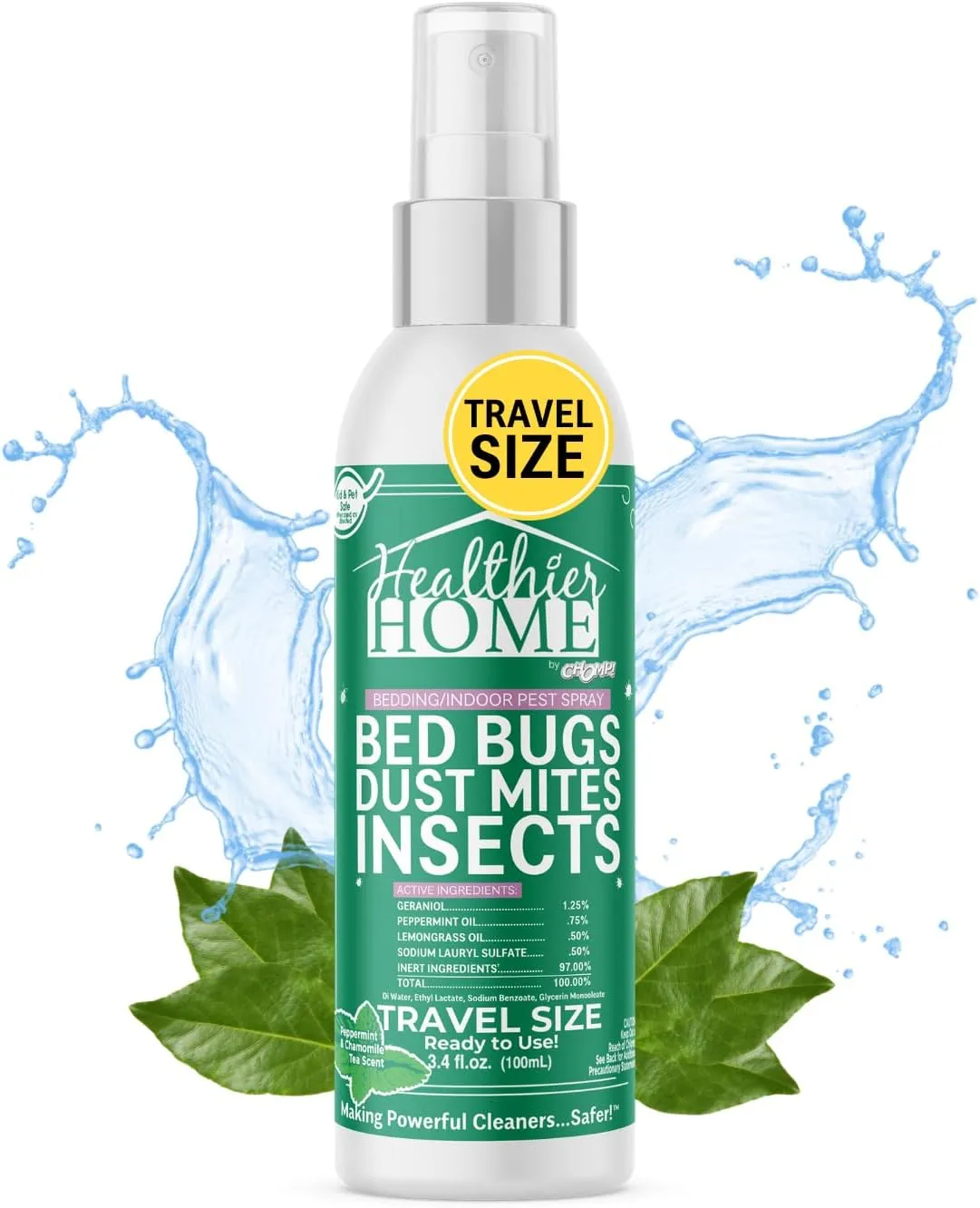 CHOMP! Travel Size Bed Bug & Insect Repellent, Natural, TSA Approved Indoor Pest Control Spray for Travel & Home, Plant-Based Dust Mite, Ant, Spider, Fly Killer, Peppermint Scent, 3.4 Fl Oz