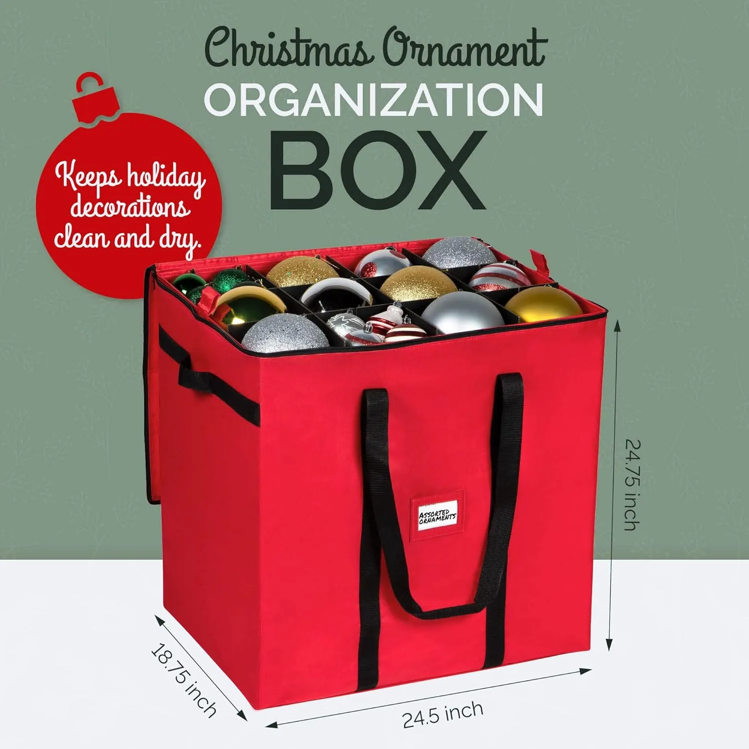Christmas Extra Large Ornament Storage Container - Box Stores Up to 48 – 6” Ornaments – With 4 Individual Trays -Heavy Duty 600D Tear Resistant Material, Zippered, Adjustable Dividers.