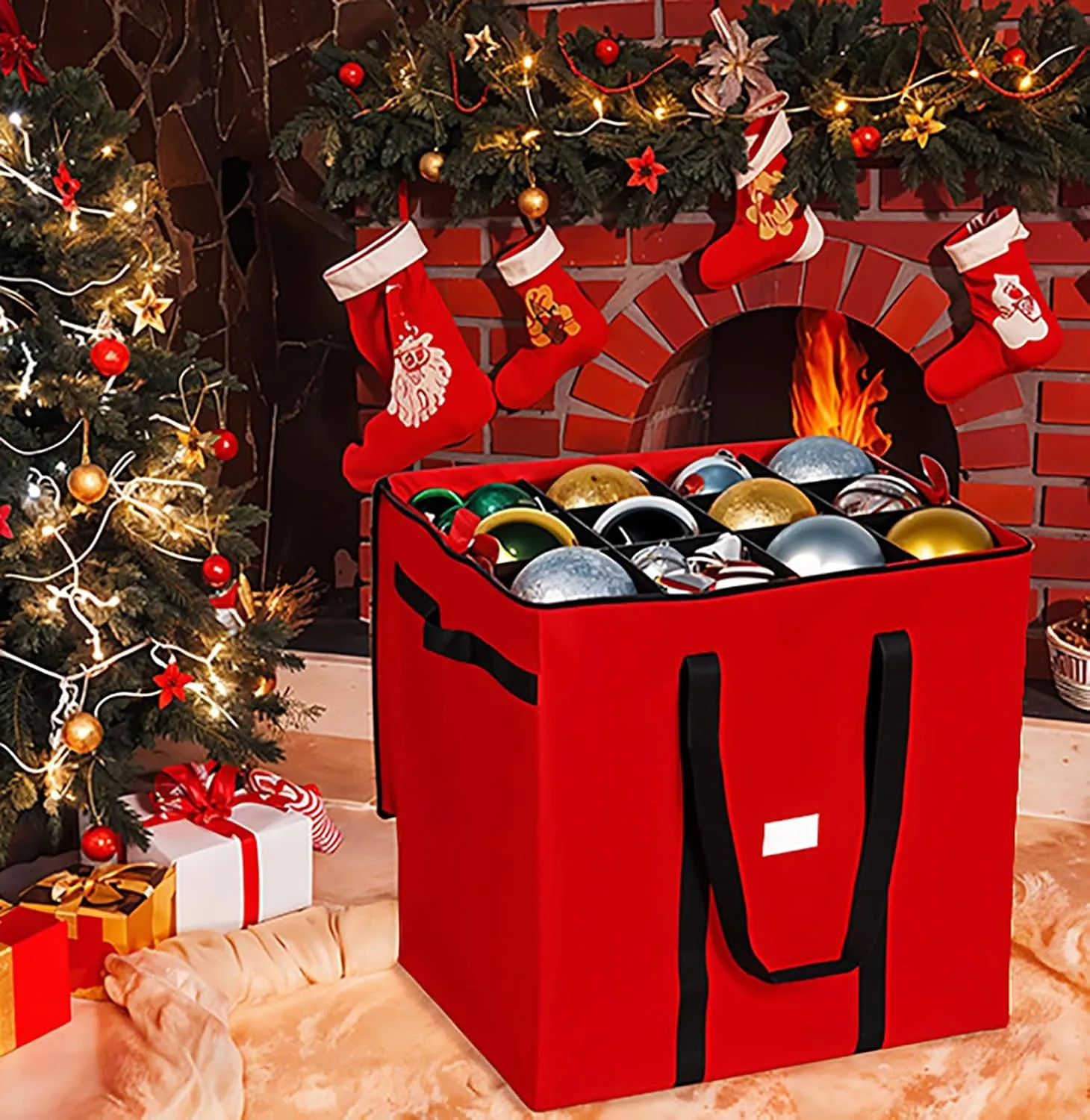Christmas Extra Large Ornament Storage Container - Box Stores Up to 48 – 6” Ornaments – With 4 Individual Trays -Heavy Duty 600D Tear Resistant Material, Zippered, Adjustable Dividers.