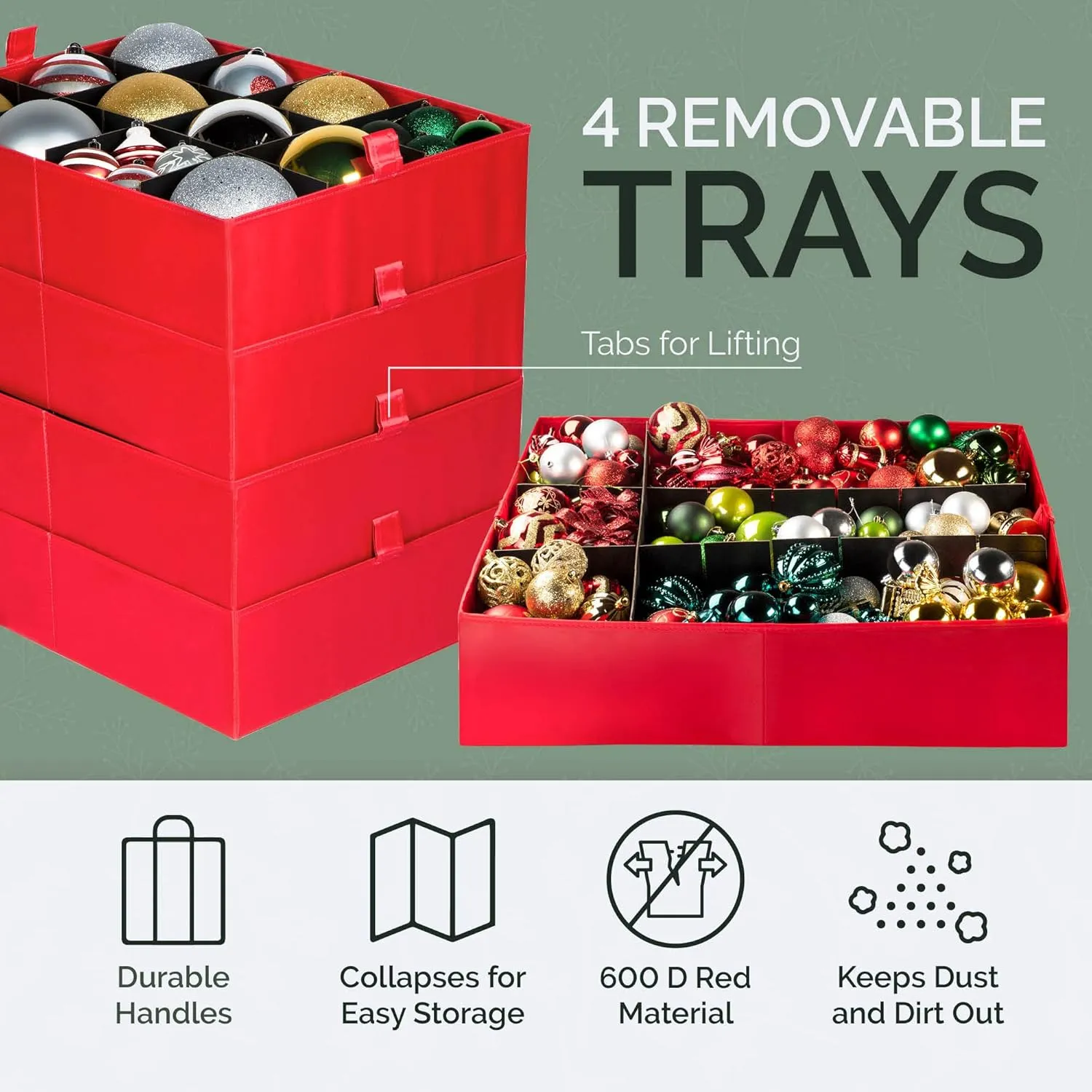 Christmas Extra Large Ornament Storage Container - Box Stores Up to 48 – 6” Ornaments – With 4 Individual Trays -Heavy Duty 600D Tear Resistant Material, Zippered, Adjustable Dividers.