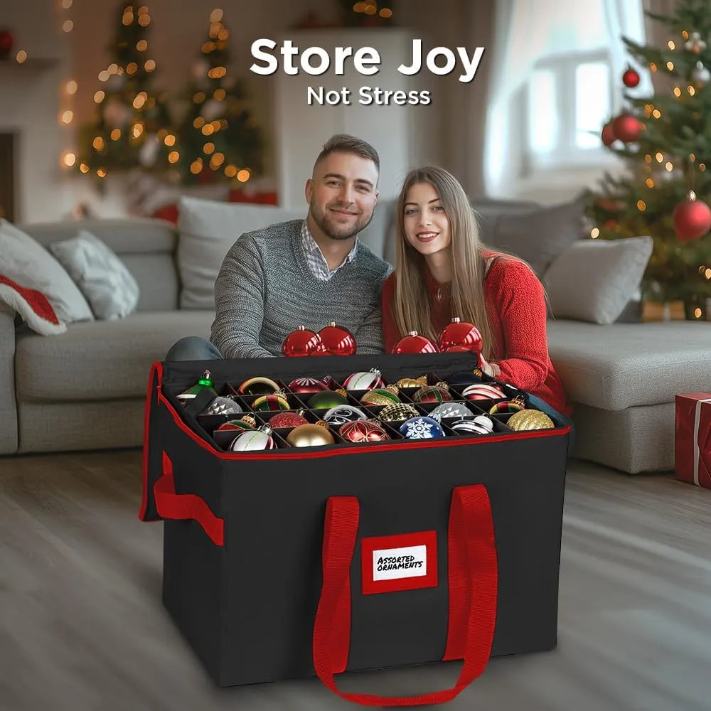 Christmas Ornament Storage Container,Box Stores Up to 54-4", Adjustable Dividers, Large Organizer Bin to Protect and Store Holiday Décor - Black