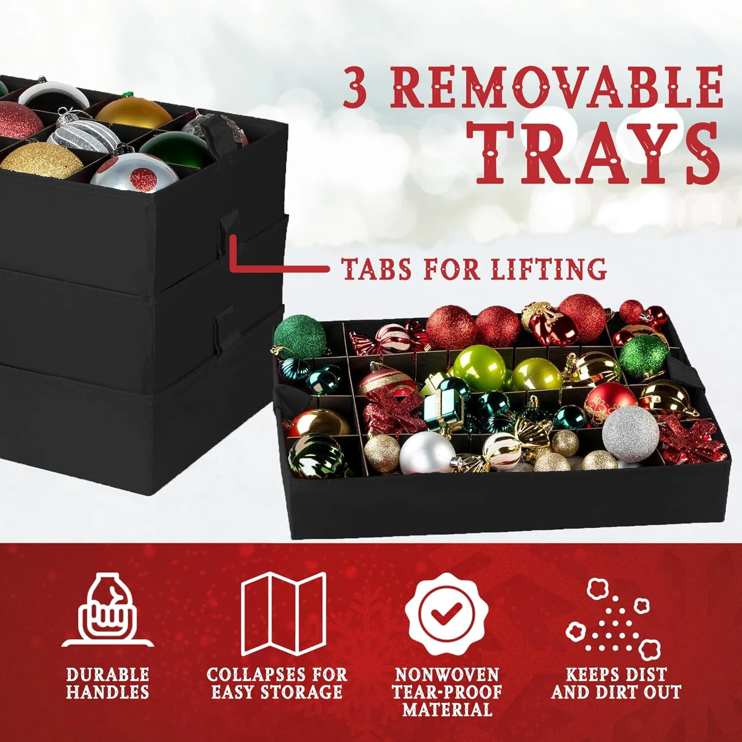 Christmas Ornament Storage Container,Box Stores Up to 54-4", Adjustable Dividers, Large Organizer Bin to Protect and Store Holiday Décor - Black