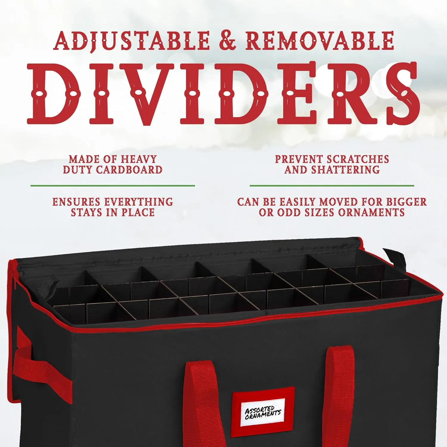 Christmas Ornament Storage Container,Box Stores Up to 54-4", Adjustable Dividers, Large Organizer Bin to Protect and Store Holiday Décor - Black