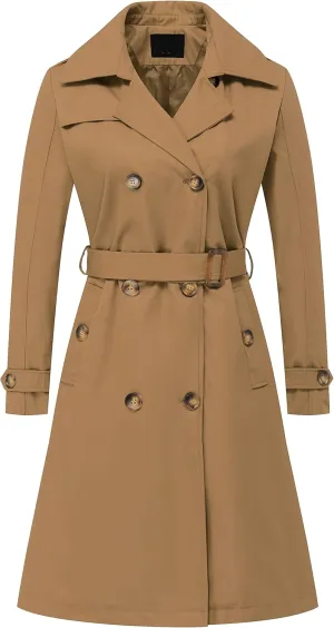 Chrisuno Women's Double Breasted Long Trench Coats Mid-Length Belted Overcoat Dress Jacket with Detachable Hood
