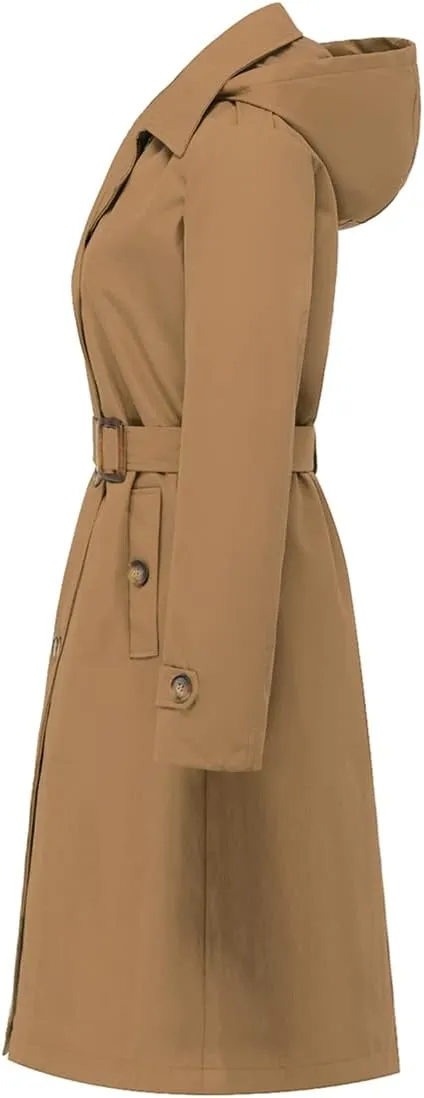 Chrisuno Women's Double Breasted Long Trench Coats Mid-Length Belted Overcoat Dress Jacket with Detachable Hood