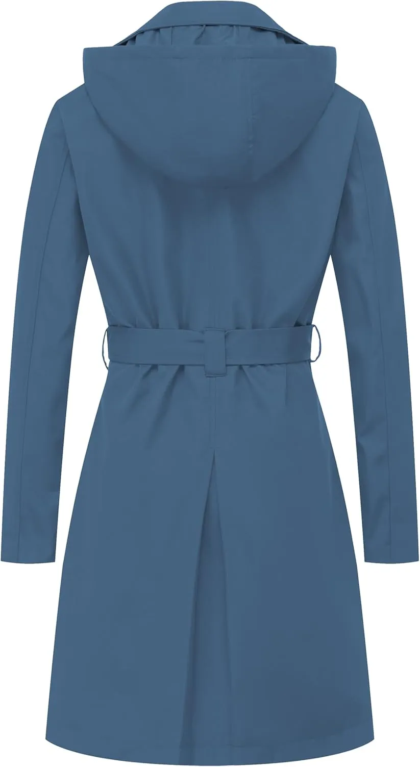 Chrisuno Women's Double Breasted Long Trench Coats Mid-Length Belted Overcoat Dress Jacket with Detachable Hood