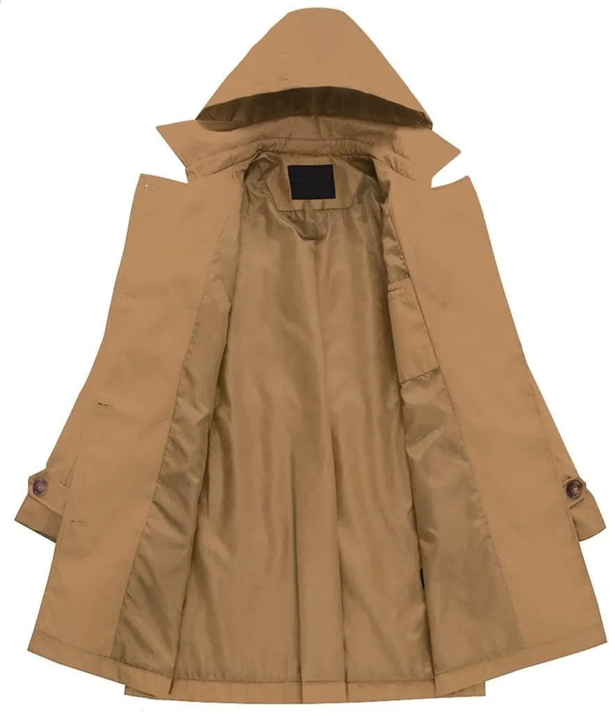 Chrisuno Women's Double Breasted Long Trench Coats Mid-Length Belted Overcoat Dress Jacket with Detachable Hood