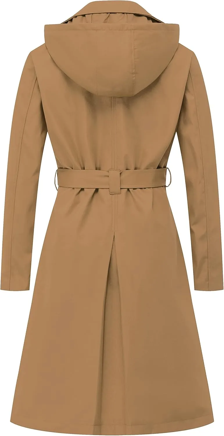 Chrisuno Women's Double Breasted Long Trench Coats Mid-Length Belted Overcoat Dress Jacket with Detachable Hood