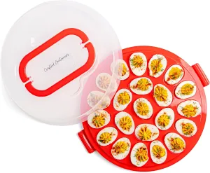 Classy Deviled Egg Carrier with Lid & Handles - Tray Platter for Holidays, Parties - Portable Container for 22 Eggs - Dishwasher-Friendly - Red