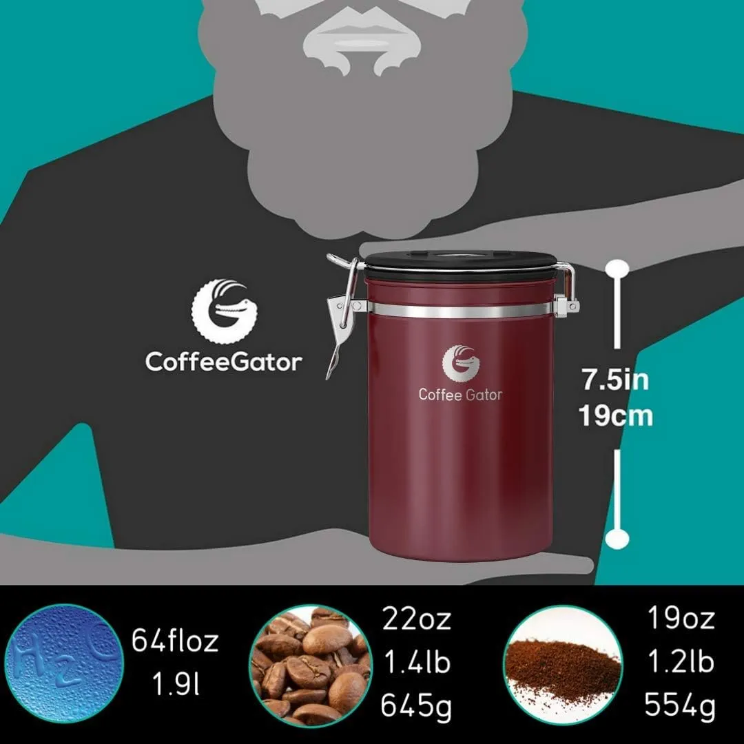 Coffee Gator Coffee Canister - 22oz Airtight Stainless Steel Kitchen Food Storage Container with Date Tracker, Scoop for Grounds Coffee Bar Accessories, Beans,Tea, Sugar, Flour, Cereal - Red
