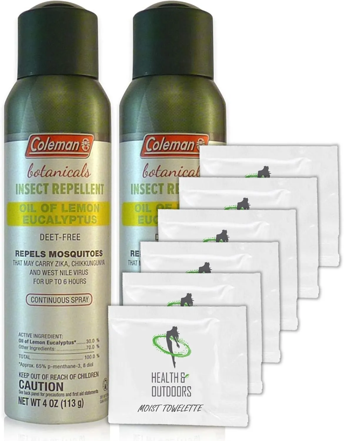Coleman Botanicals Lemon Eucalyptus Insect Repellent DEET Free - 4oz. Continuous Spray - Pack of 2 - w/ (6) Healthandoutdoor Hand Wipes
