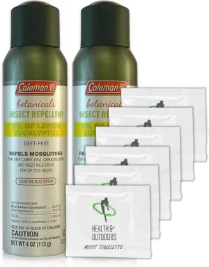 Coleman Botanicals Lemon Eucalyptus Insect Repellent DEET Free - 4oz. Continuous Spray - Pack of 2 - w/ (6) Healthandoutdoor Hand Wipes