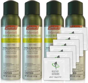 Coleman Botanicals Lemon Eucalyptus Insect Repellent DEET Free - 4oz. Continuous Spray - Pack of 4 - w/ (6) Healthandoutdoor Hand Wipes