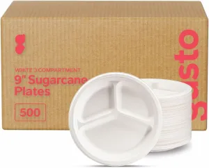 Comfy Package [Case of 500 9 Inch 100% Compostable 3 Compartment Paper White Heavy-Duty Divided Disposable Biodegradable Plates