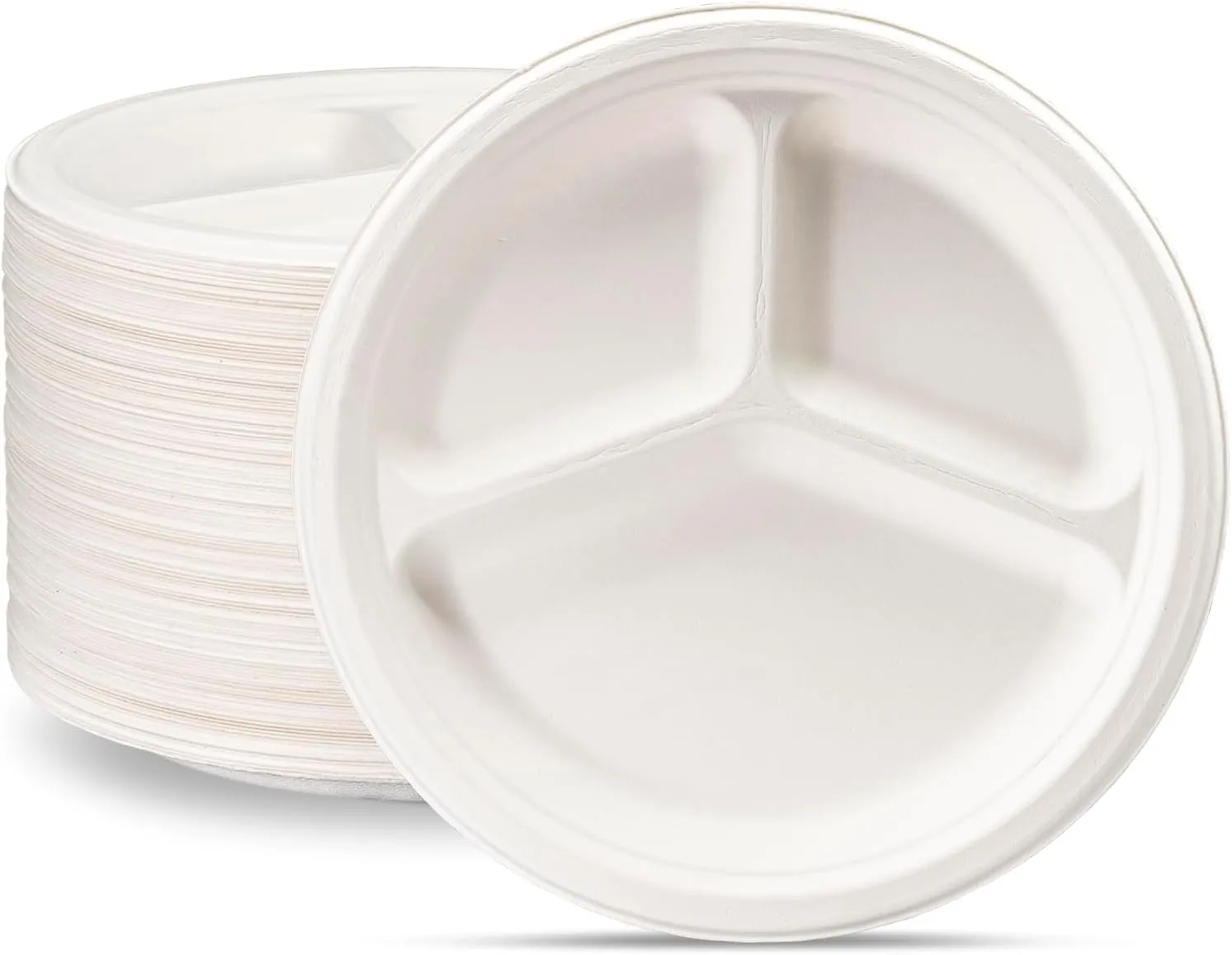 Comfy Package [Case of 500 9 Inch 100% Compostable 3 Compartment Paper White Heavy-Duty Divided Disposable Biodegradable Plates