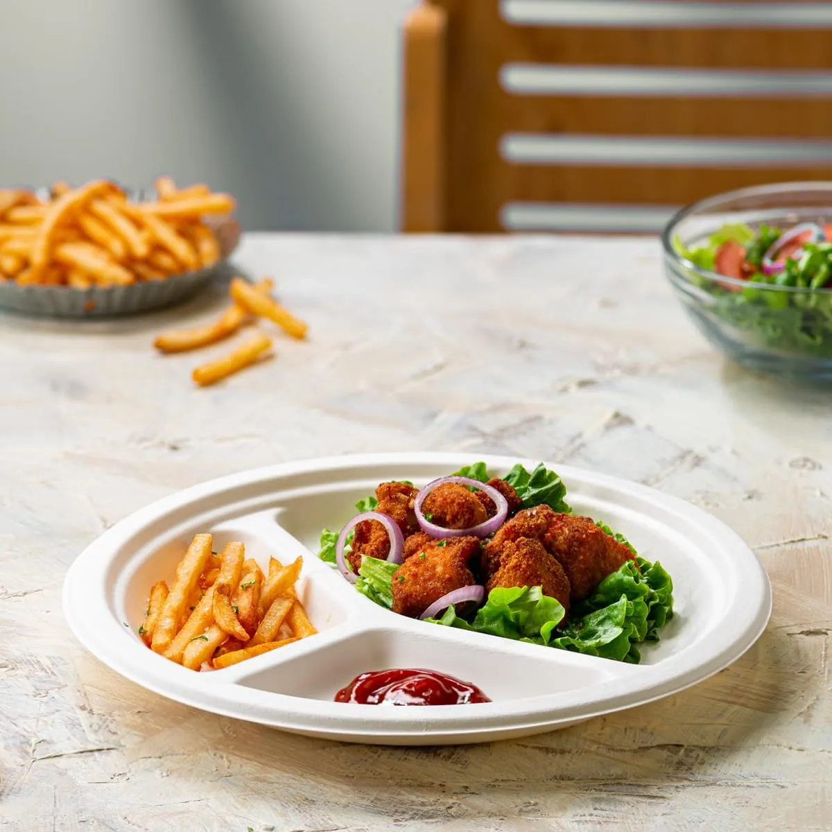 Comfy Package [Case of 500 9 Inch 100% Compostable 3 Compartment Paper White Heavy-Duty Divided Disposable Biodegradable Plates