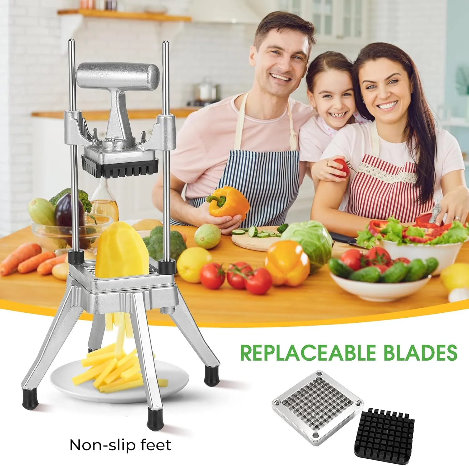 Commercial Chopper Cutter - Heavy Duty Stainless Stee Dicer for Fruit, Vegetable, Tomato, Peppers, Onion, Potato - 1IN1, 3/8''