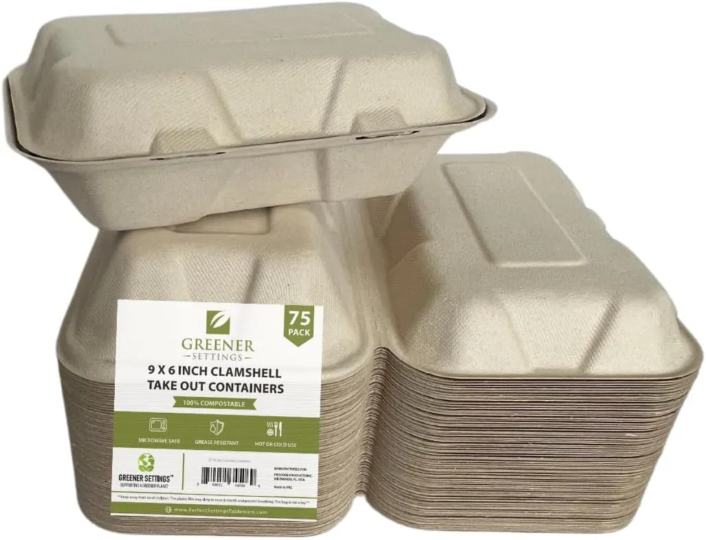 Compostable Clamshell Food Containers 9x6 Inch, 75-Pack, Heavy-Duty Bagasse Takeout Boxes, Microwave & Freezer Safe, Grease-Resistant, Leak-Proof – Compatible with Food Trucks, Catering, Events