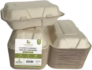 Compostable Clamshell Food Containers 9x6 Inch, 75-Pack, Heavy-Duty Bagasse Takeout Boxes, Microwave & Freezer Safe, Grease-Resistant, Leak-Proof – Compatible with Food Trucks, Catering, Events