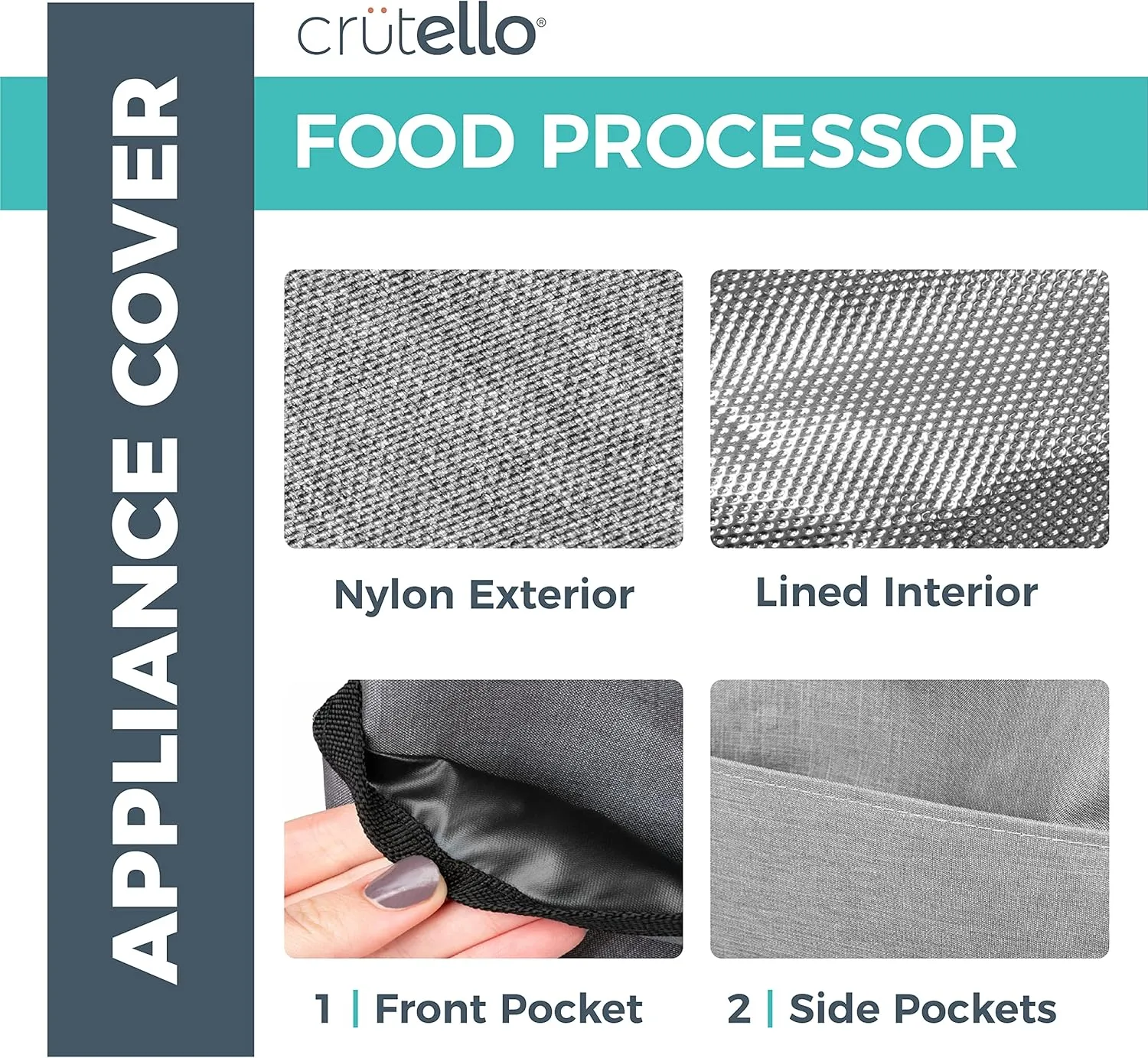 Crutello Food Processor Cover with Storage Pockets for Large Custom 11-14 Cup Processor, Kitchen Appliance Covers, For Kitchen Counter