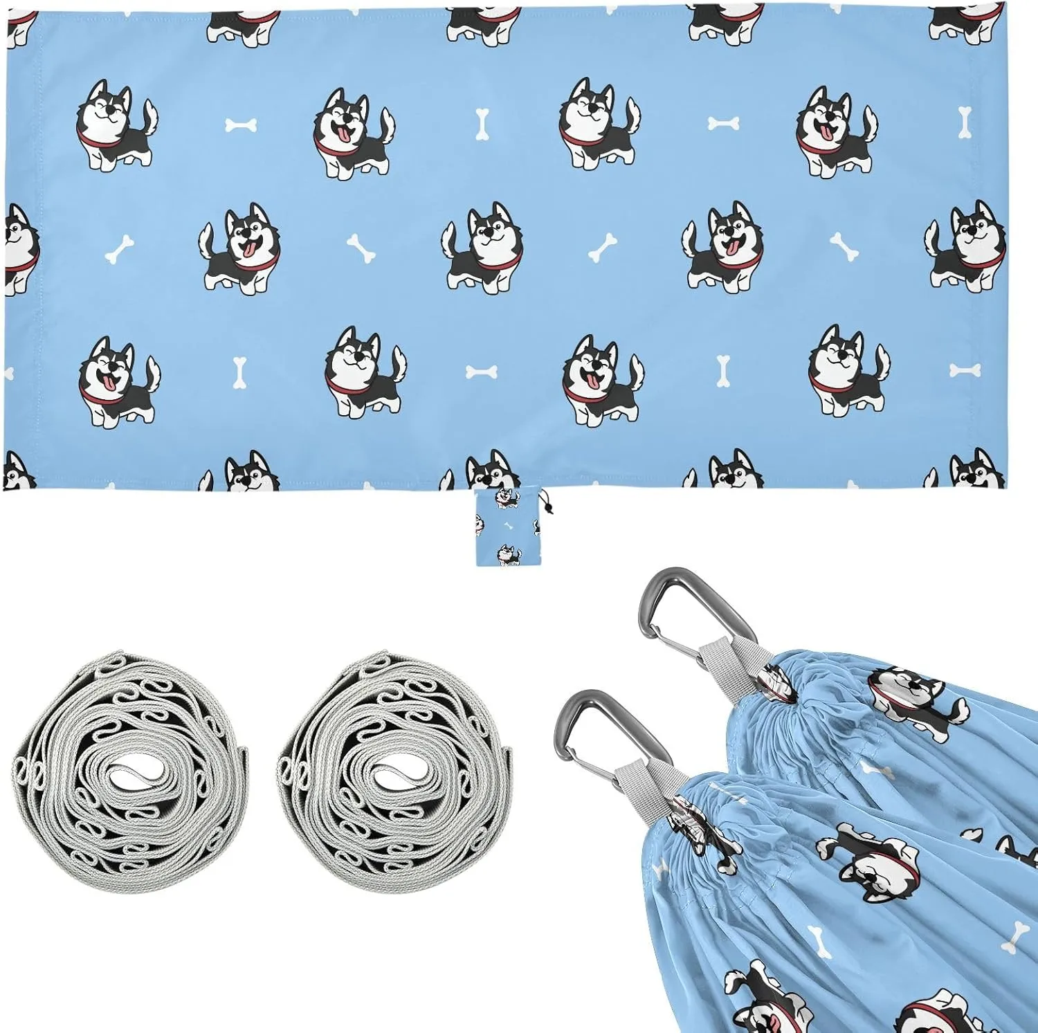 Cute Siberian Husky Dog Pattern Camping Hammock with Tree Straps, Portable Lightweight Parachute Hammocks Camping Accessories Gear for Indoor Outdoor Backpacking Travel Hiking Beach