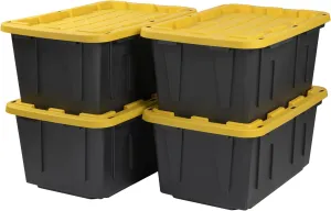CX BLACK & YELLOW®, 27-Gallon Heavy Duty Tough Storage Container & Snap-Tight Lid, (14.3”H x 20.6”W x 30.6”D), Weather-Resistant Design and Stackable Organization Tote [4 Pack]