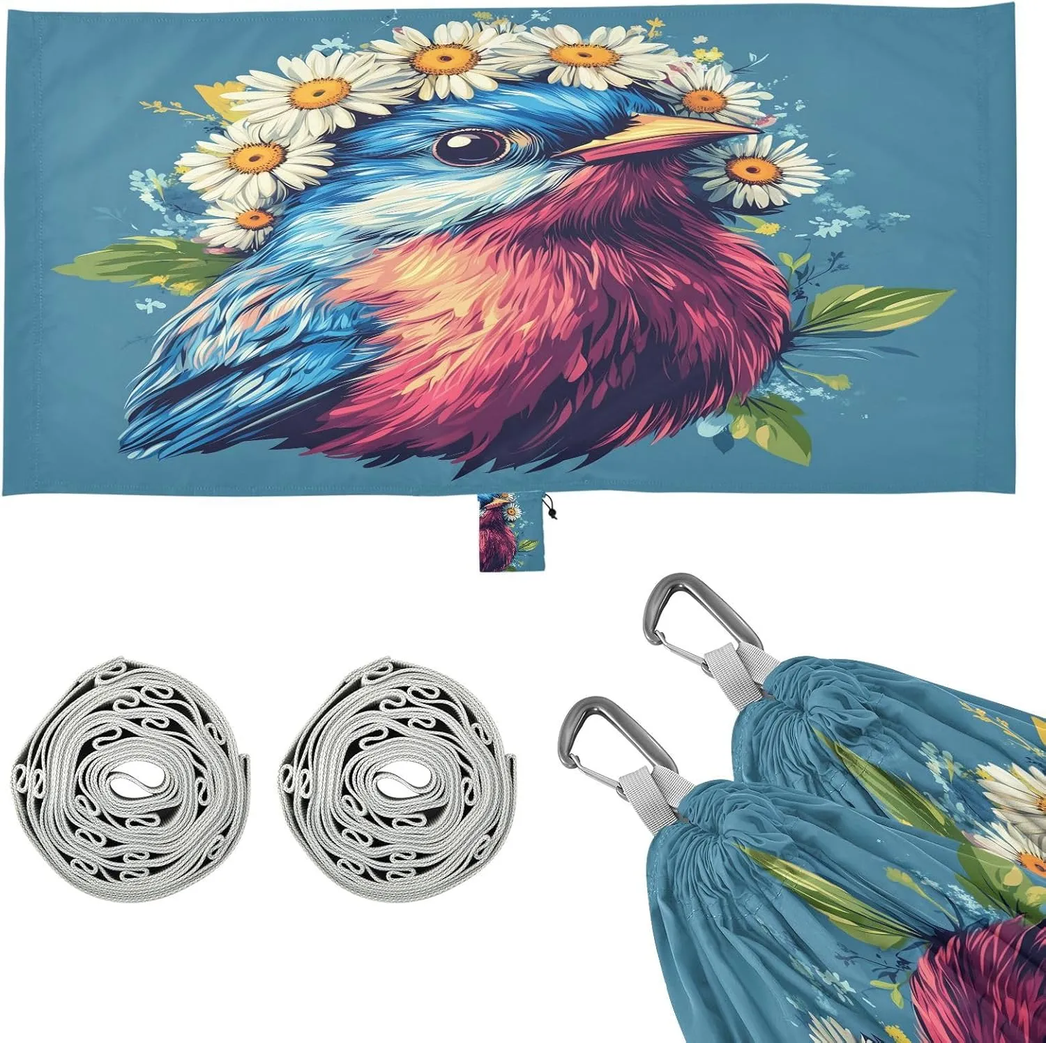 Daisies and Blue Birds Camping Hammock Single Portable Hammocks 330 lbs Capacity with 2 Tree Straps and Attached Carry Bag,Perfect for Outdoor,Indoor,Beach,Camping,Travel