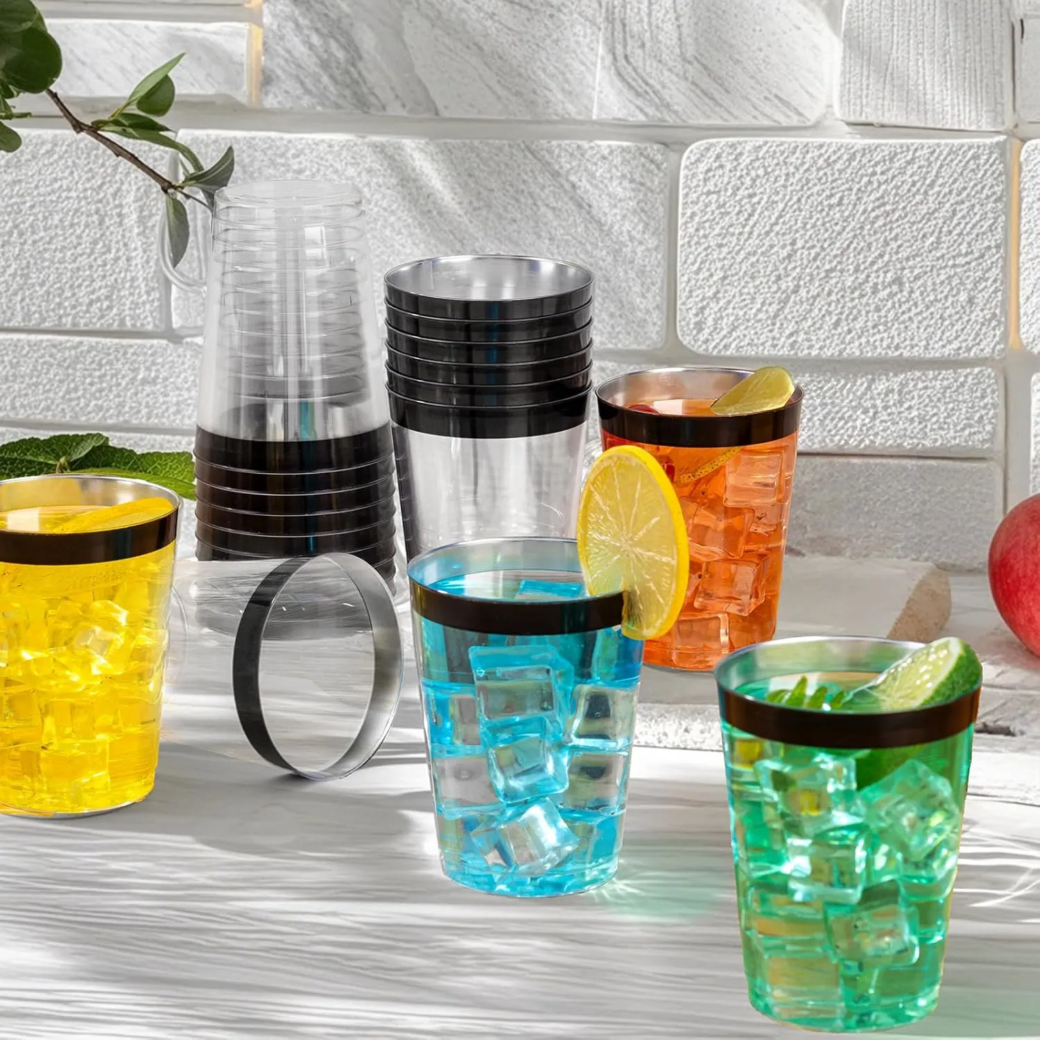 DaYammi 100 Pack Black Plastic Cups 10Oz Clear Disposable Cups with Black Rim, Clear Cocktail Cup Heavy Duty Disposable Wine Glasses Disposable Fancy Plastic Cups for Wedding Party