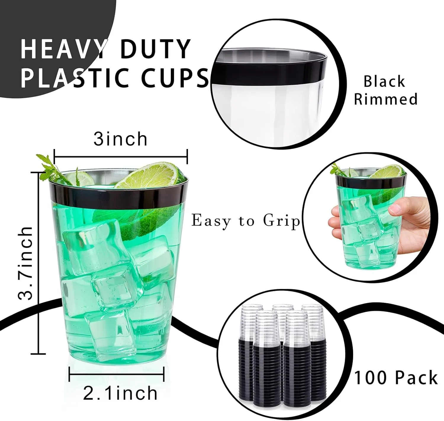 DaYammi 100 Pack Black Plastic Cups 10Oz Clear Disposable Cups with Black Rim, Clear Cocktail Cup Heavy Duty Disposable Wine Glasses Disposable Fancy Plastic Cups for Wedding Party