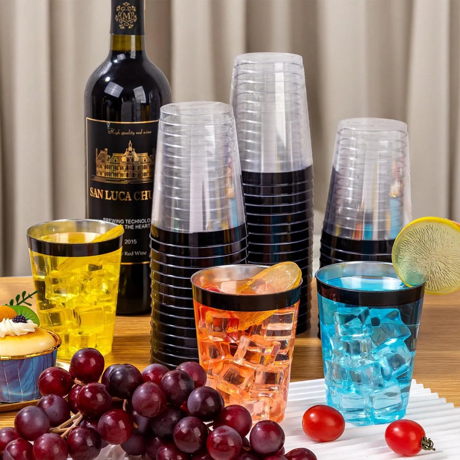 DaYammi 100 Pack Black Plastic Cups 10Oz Clear Disposable Cups with Black Rim, Clear Cocktail Cup Heavy Duty Disposable Wine Glasses Disposable Fancy Plastic Cups for Wedding Party