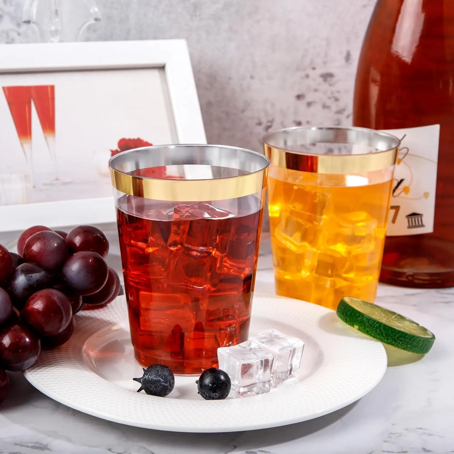 DaYammi 200 Pack Gold Plastic Cups 10 Oz Clear Plastic Cups Gold Rimmed Disposable Wine Glasses Heavy Duty Disposable Tumblers Drinking Cocktail Glasses for Party Wedding