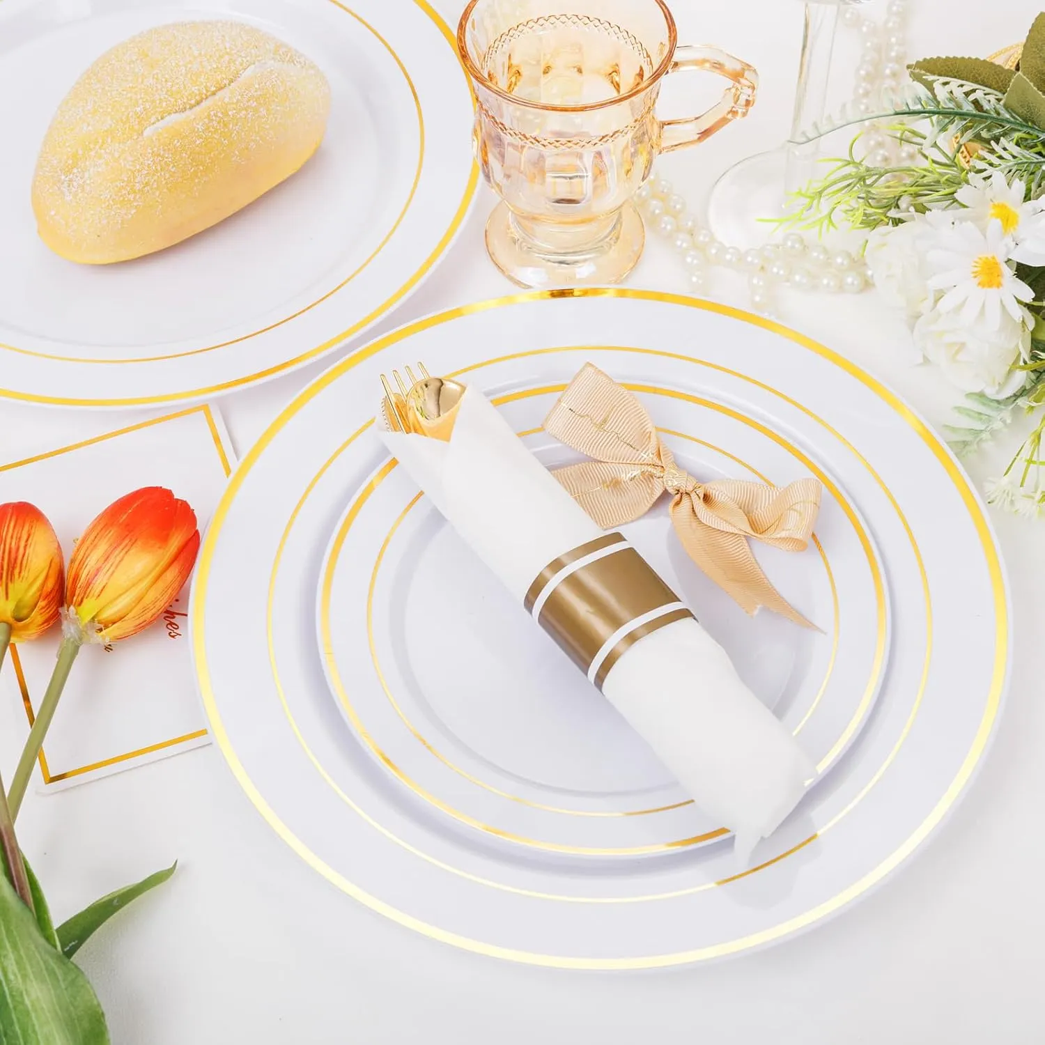 DaYammi 210PCS Gold Plastic Dinnerware Set for 30 Guests, Fancy Disposable Plates for Party, Include: 30 Dinner Plates, 30 Dessert Plates, 30 Pre Rolled Napkins with Gold Silverware, 30 Cups