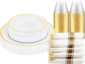 DaYammi 210PCS Gold Plastic Dinnerware Set for 30 Guests, Fancy Disposable Plates for Party, Include: 30 Dinner Plates, 30 Dessert Plates, 30 Pre Rolled Napkins with Gold Silverware, 30 Cups