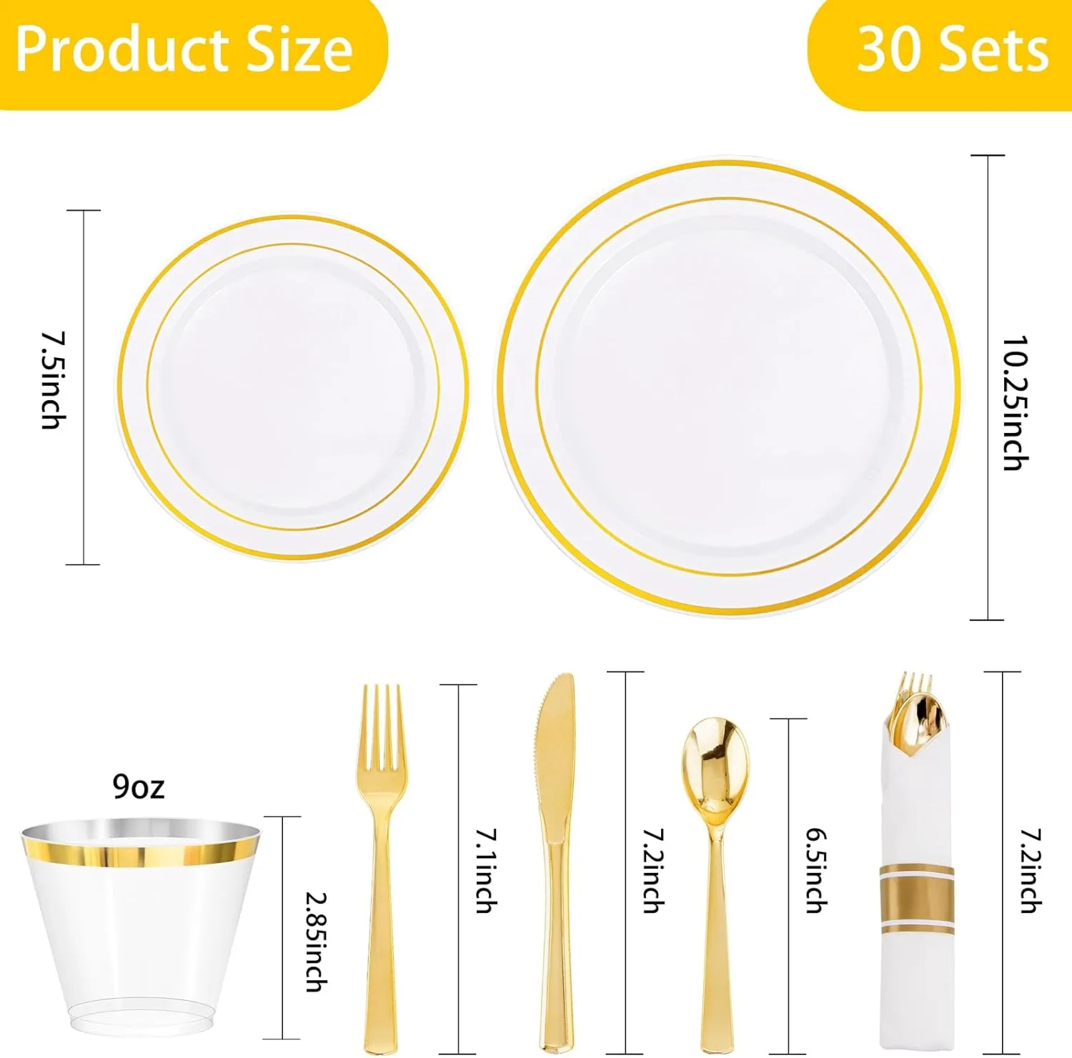 DaYammi 210PCS Gold Plastic Dinnerware Set for 30 Guests, Fancy Disposable Plates for Party, Include: 30 Dinner Plates, 30 Dessert Plates, 30 Pre Rolled Napkins with Gold Silverware, 30 Cups