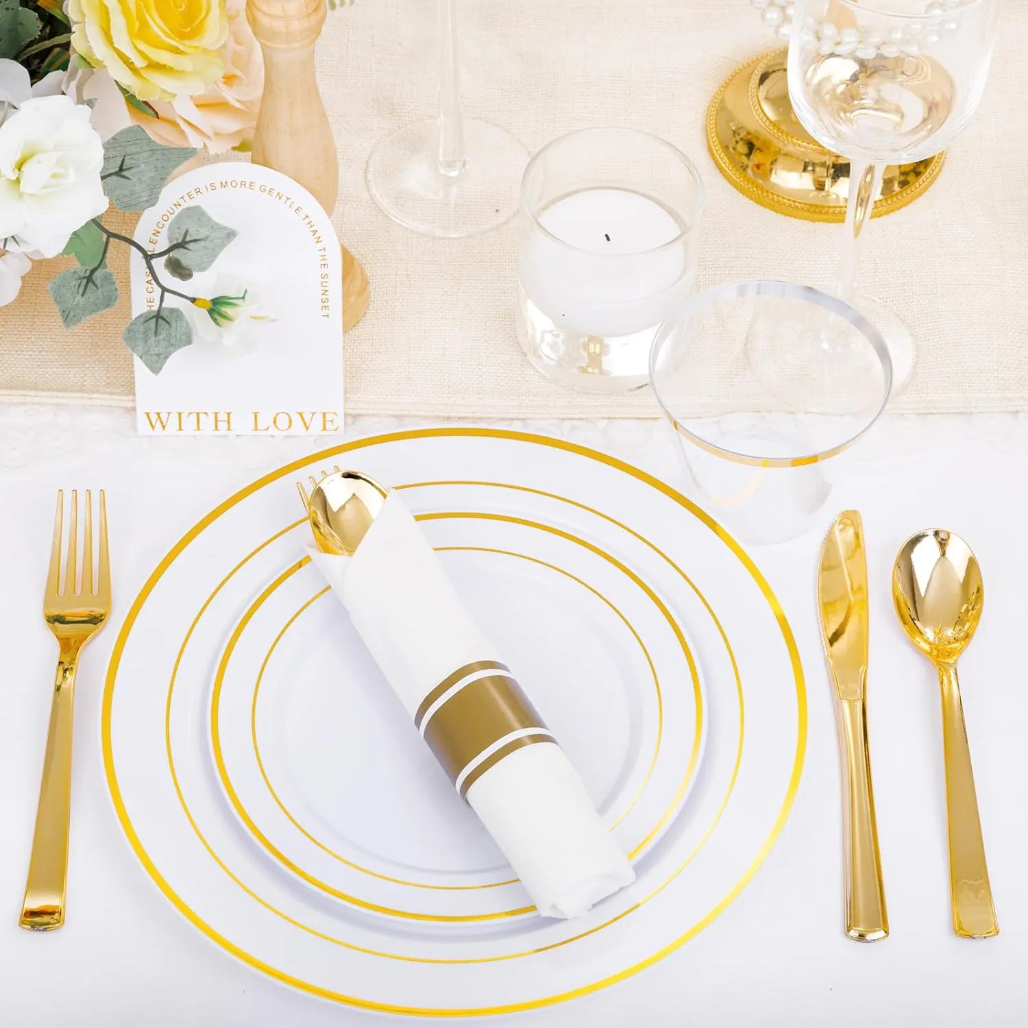 DaYammi 210PCS Gold Plastic Dinnerware Set for 30 Guests, Fancy Disposable Plates for Party, Include: 30 Dinner Plates, 30 Dessert Plates, 30 Pre Rolled Napkins with Gold Silverware, 30 Cups
